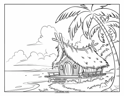 Coloriage de palmiers pour enfants : Cabane en feuilles de palmier sur pilotis près de la mer avec des arbres qui se balancent et des nuages duveteux