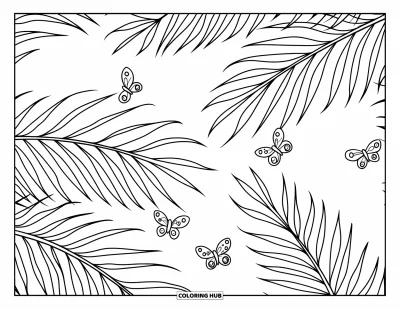 Coloriage de palmiers pour enfants : Feuilles de palmier et papillons aux contours bien marqués et aux espaces aérés