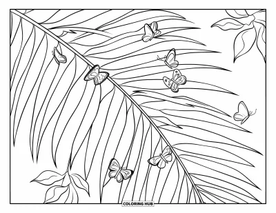 Coloriage de palmiers pour enfants : Feuilles de palmier avec des papillons posés délicatement sur quelques frondes