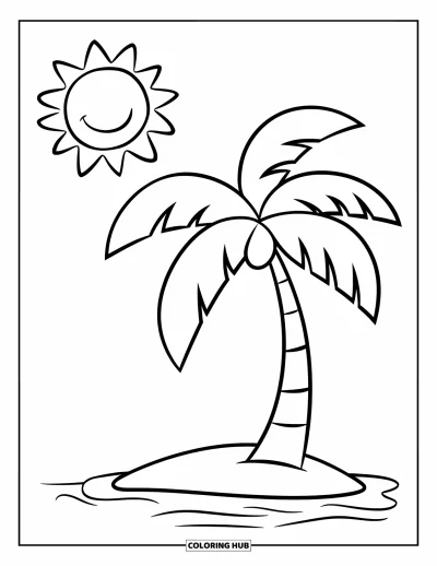 Coloriage de palmiers pour enfants : Palmier et soleil joyeux sur une petite île idéale pour s'amuser à colorier