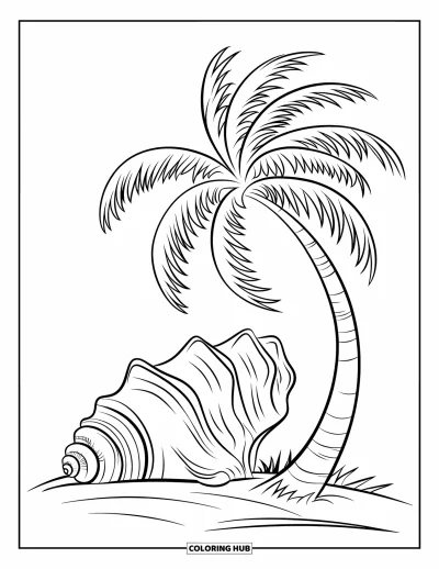 Coloriage de palmiers pour enfants : Palmier et coquillage aux motifs travaillés sur le sable sous un ciel serein