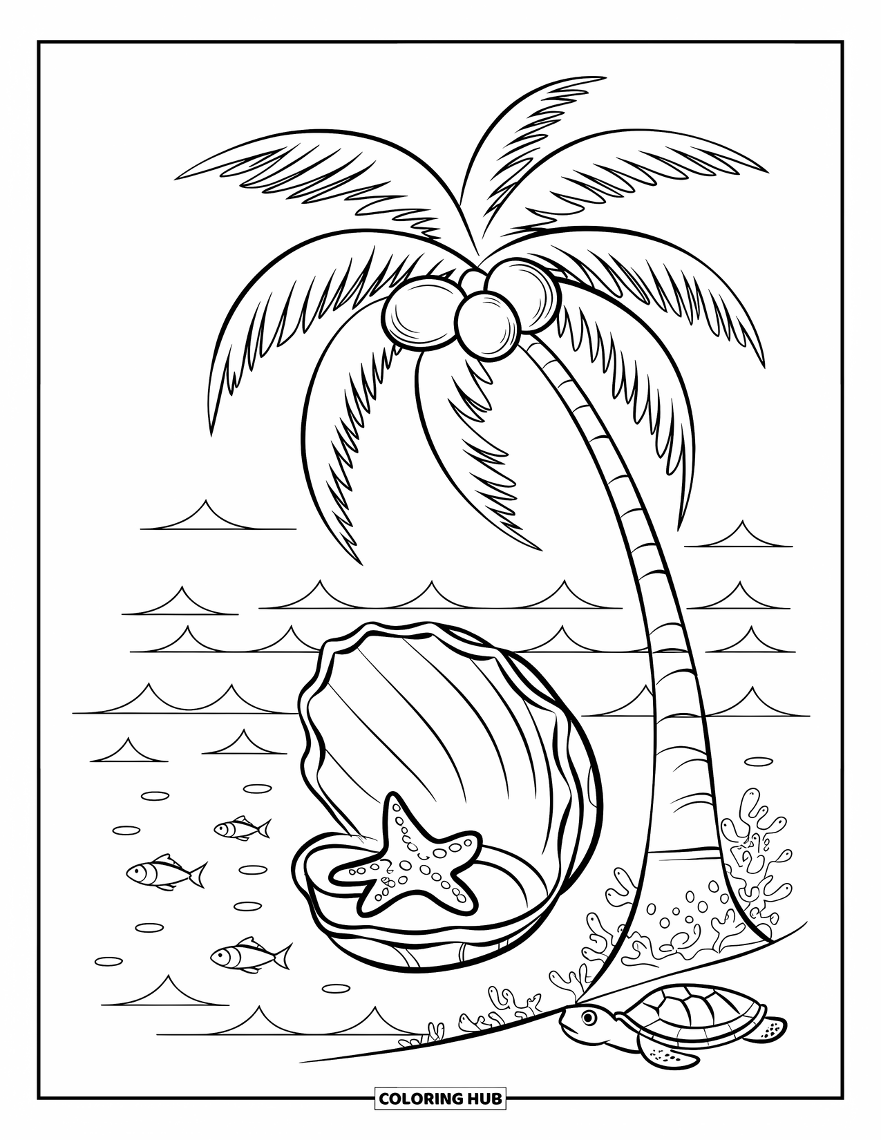 Palm Tree Coloring Page for Kids: Palm tree and seashell beside ocean waves with a turtle and fish