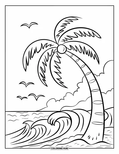 Coloriage de palmiers pour enfants : Palmier penché au bord de la mer avec des noix de coco et des oiseaux en vol
