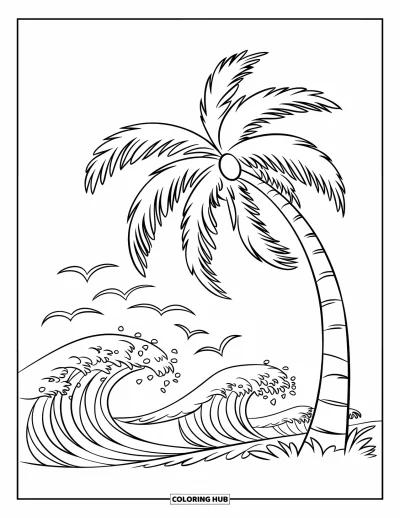 Coloriage de palmiers pour enfants : Palmier courbé par la brise au bord des vagues écumeuses avec des oiseaux au-dessus