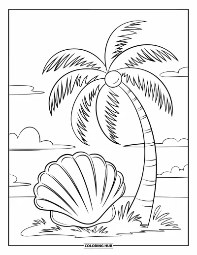 Coloriage de palmiers pour enfants : Palmier se balançant près d'un grand coquillage sous un ciel clair