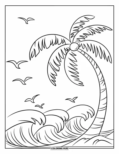 Coloriage de palmiers pour enfants : Palmier se balançant près de l'océan avec des vagues déferlantes et des oiseaux en vol