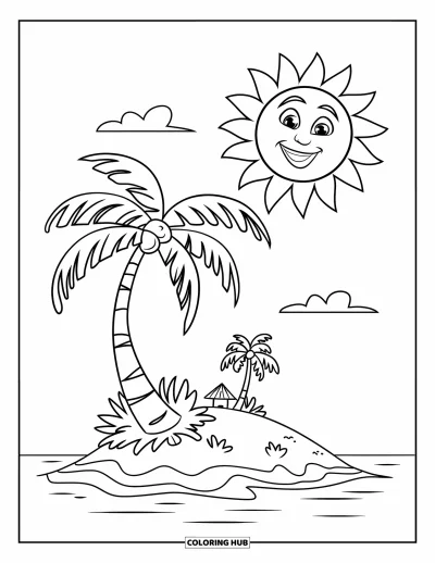 Coloriage de palmiers pour enfants : Palmier avec des noix de coco sur une petite île sous un soleil souriant