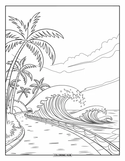 Coloriage de palmiers pour enfants : Des palmiers le long d'un chemin côtier pavé avec des vagues écumeuses et un ciel dégagé