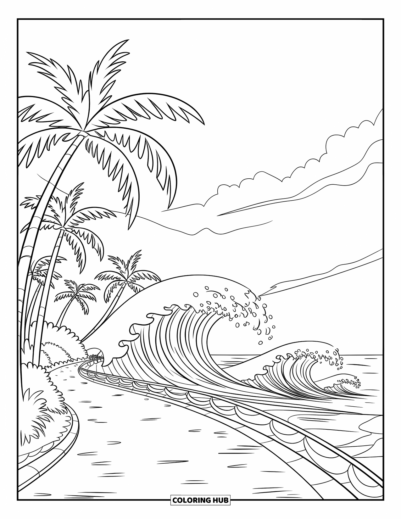 Palm Tree Coloring Page for Kids: Palm trees along a paved coastal path with foamy waves and clear skies