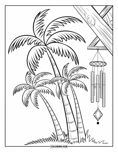 Coloriage de palmiers pour enfants : Des palmiers se penchent près d'un carillon de vent suspendu à un cadre en bois