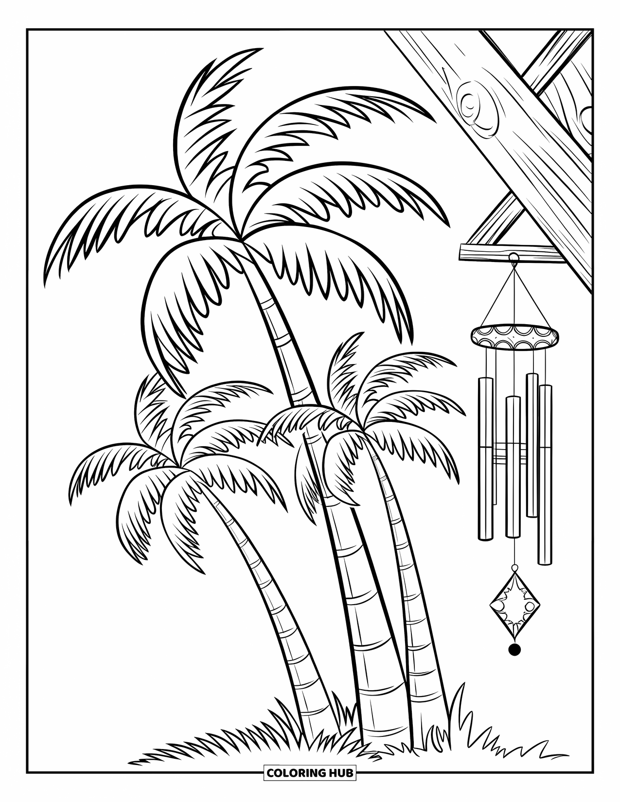 Palm Tree Coloring Page for Kids: Palm trees bend beside a wind chime hanging from a wooden frame
