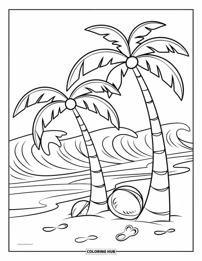 Coloriage de palmiers pour enfants : Des palmiers font tomber des noix de coco sur une plage de sable avec des empreintes et des vagues