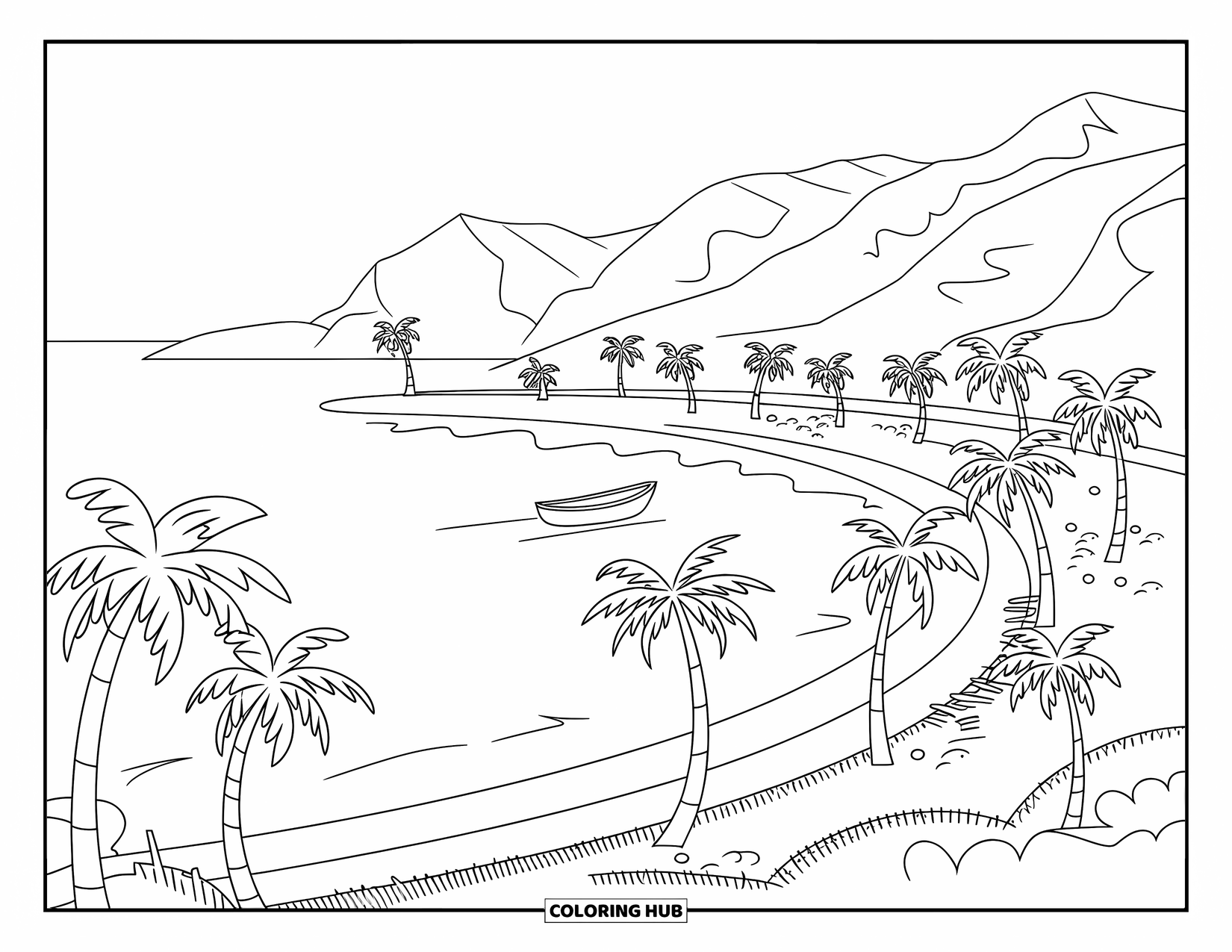 Palm Tree Coloring Page for Kids: Palm trees line a curving coast with a small boat and distant mountains