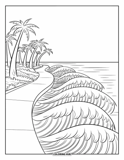 Coloriage de palmiers pour enfants : Des palmiers longent un sentier côtier sinueux avec de grandes vagues déferlantes