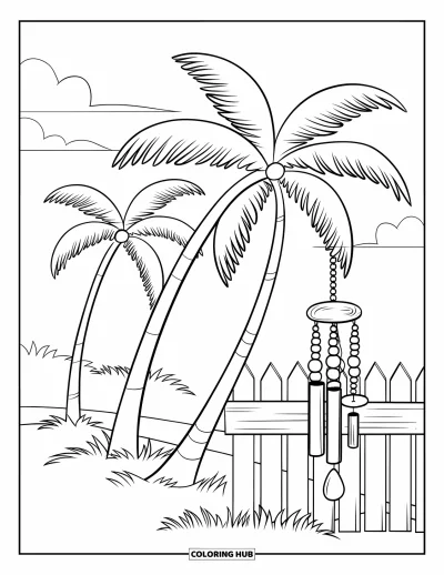 Coloriage de palmiers pour enfants : Des palmiers près d'une clôture blanche avec un carillon en bois dans une cour herbeuse