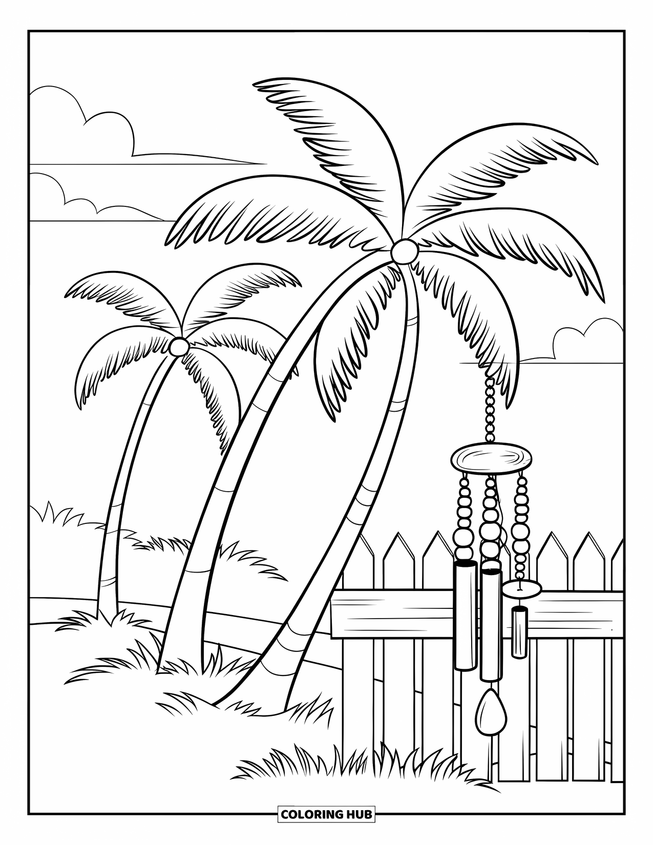 Palm Tree Coloring Page for Kids: Palm trees near a white fence with a wooden wind chime on a grassy yard