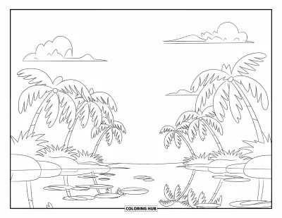 Coloriage de palmiers pour enfants : Des palmiers se balancent au bord d'un lagon avec des feuilles flottantes et quelques nuages