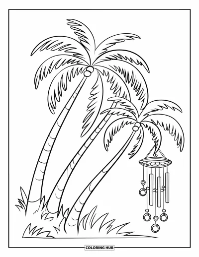 Coloriage de palmiers pour enfants : Des palmiers se balancent avec un carillon de vent suspendu à une branche
