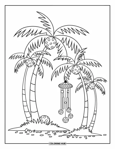 Coloriage de palmiers pour enfants : Des palmiers avec des noix de coco se balancent près d'un carillon de vent et d'un sol de galets