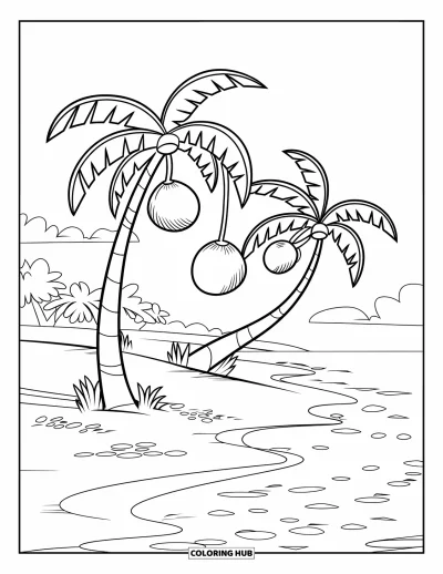 Coloriage de palmiers pour enfants : Des palmiers joyeux avec des noix de coco qui tombent et des empreintes de pas sur une plage lumineuse