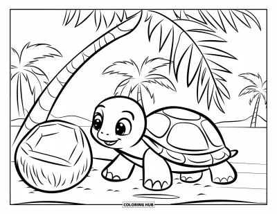 Coloriage de palmiers pour enfants : Tortue à la carapace ronde rampant près d'une noix de coco sous des palmiers