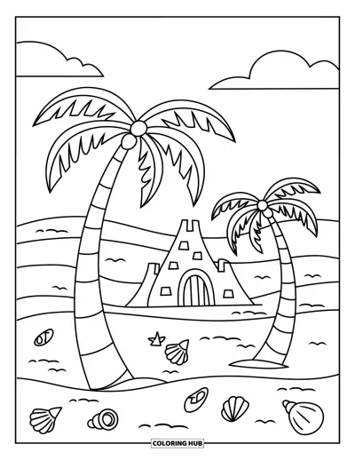 Coloriage de palmiers pour enfants : Deux palmiers avec un château de sable et des coquillages sur une plage ensoleillée