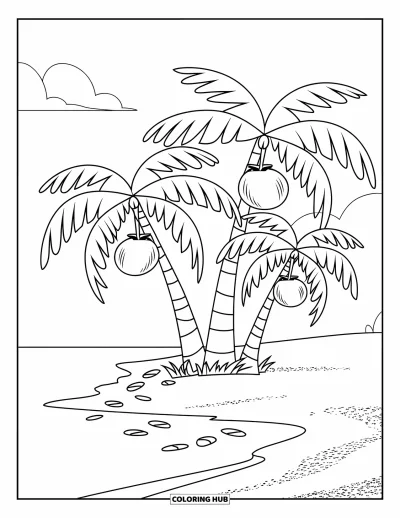 Coloriage de palmiers pour enfants : Deux joyeux palmiers avec des noix de coco qui tombent et des empreintes dans le sable