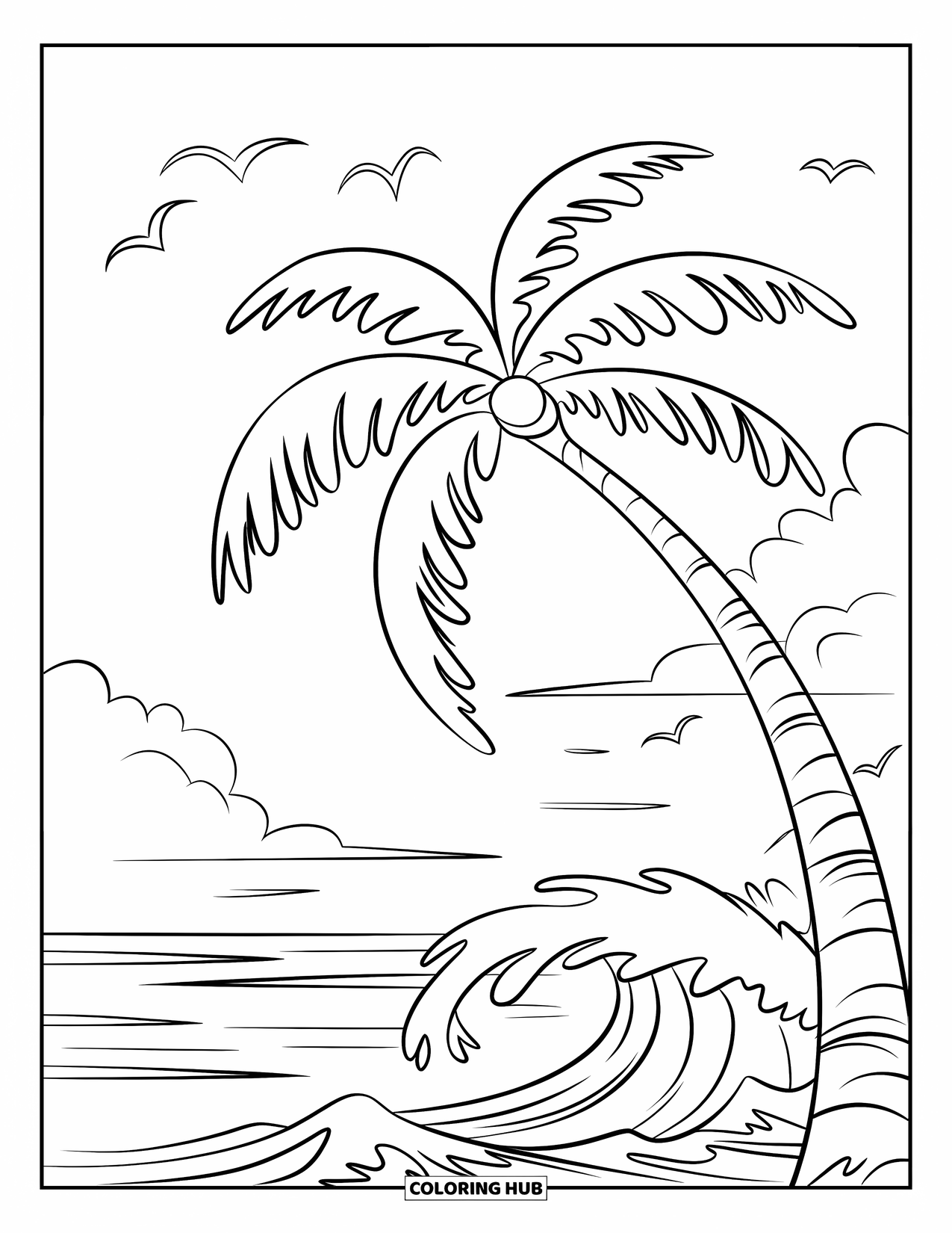 Palm Tree Coloring Page for Kids: Wind-blown palm tree with coconuts by the ocean and birds in the sky