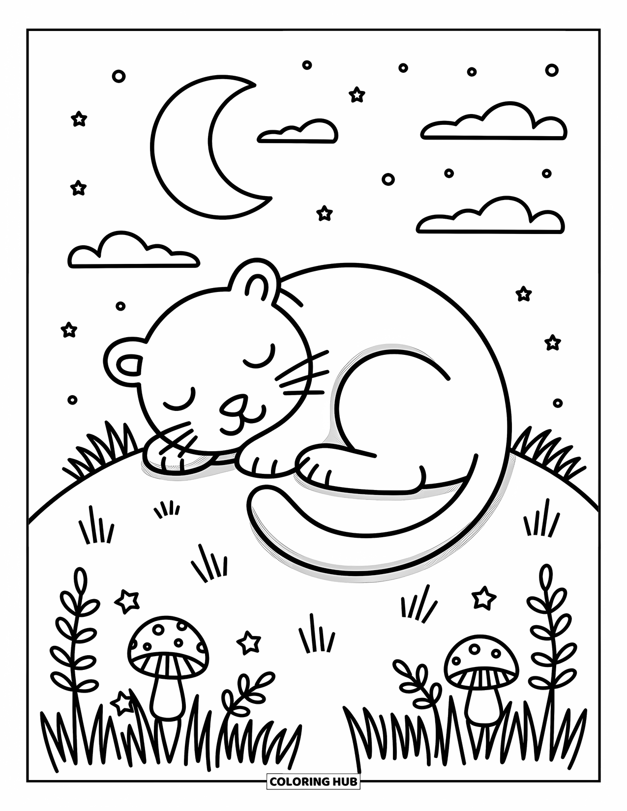 Panther Coloring Page for Adults: A baby panther in a little hat sits quietly inside a soft white circle