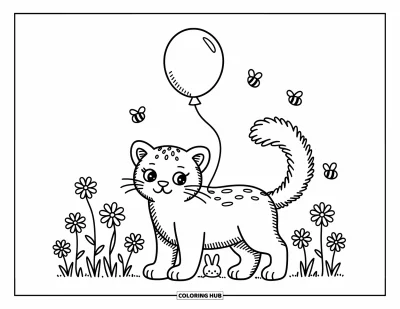 Panther-Ausmalbild für Erwachsene: Ein Luftballon schaukelt am Schwanz eines Panthers auf einem Blumenfeld mit Bienen und einem Häschen
