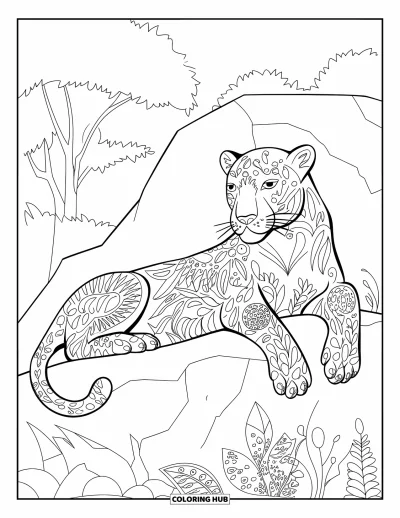 Panther-Ausmalbild für Erwachsene: Ein entspannter Panther ruht in einem Geflecht aus botanischen Blattornamenten und Waldelementen