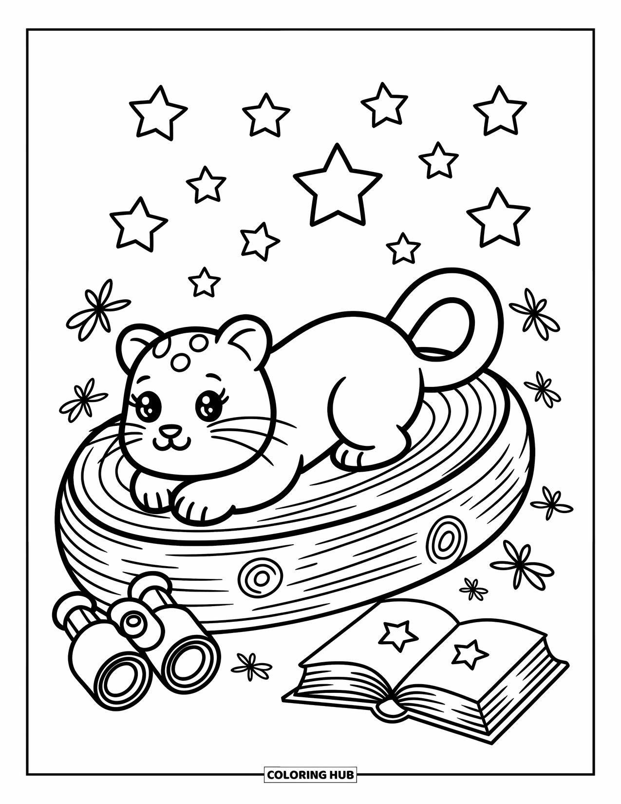 Panther Coloring Page for Adults: A cozy panther lies on a log, gazing at stars with fireflies glowing