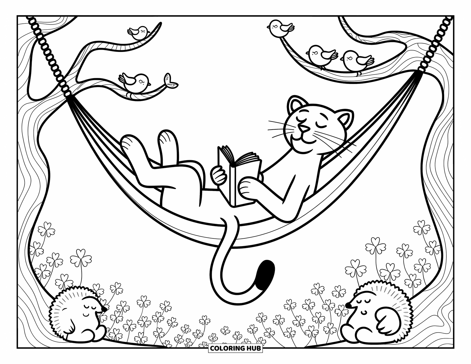 Panther Coloring Page for Adults: A cozy panther lounges in a hammock while birds sing and critters nap beneath