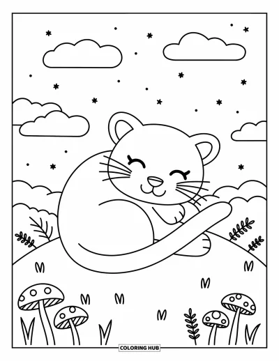 Panther-Ausmalbild für Erwachsene: Ein niedliches Jungtier mit großen Augen sitzt auf einem Felsen zwischen Blättern und Blumen