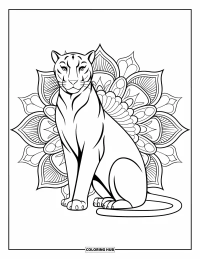Panther-Ausmalbild für Erwachsene: Ein anmutiger Panther sitzt friedlich, gerahmt von einem vollständigen Mandala aus Blättern und Blüten