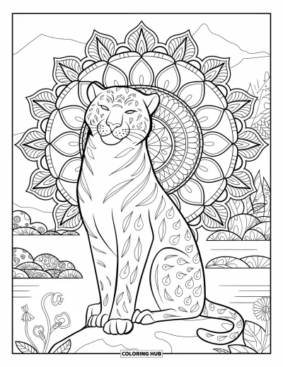 Panther-Ausmalbild für Erwachsene: Ein majestätischer Panther sitzt auf einem Felsen, umgeben von einem Blumen-Mandala mit Bergpanorama