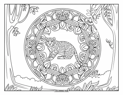 Panther-Ausmalbild für Erwachsene: Ein Panther kauert ruhig im Mittelpunkt eines detailreichen Dschungel-Mandalas