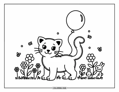 Panther-Ausmalbild für Erwachsene: Ein Panther auf einer Wiese hält einen Luftballon, während Bienen summen und ein Häschen sich versteckt