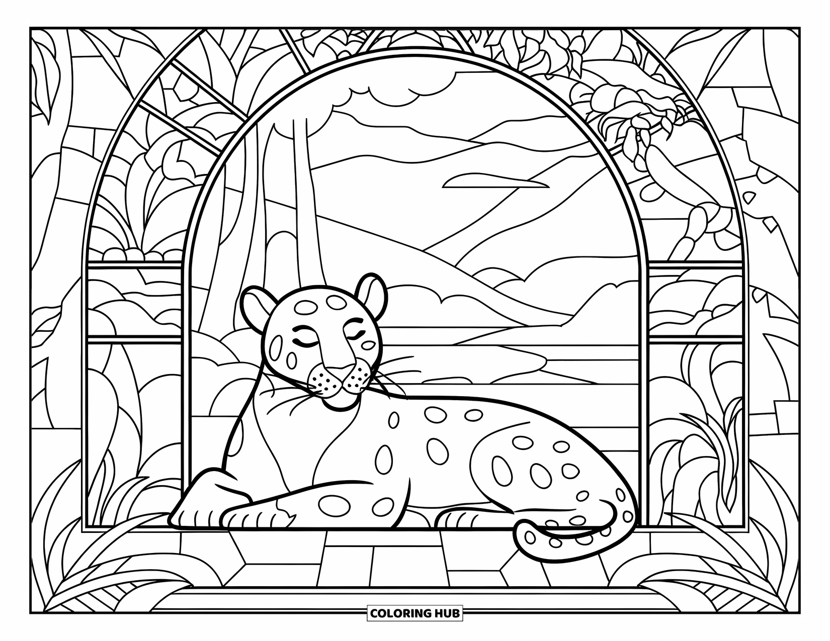 Panther Coloring Page for Adults: A panther rests peacefully under a stained-glass jungle archway with serene nature behind