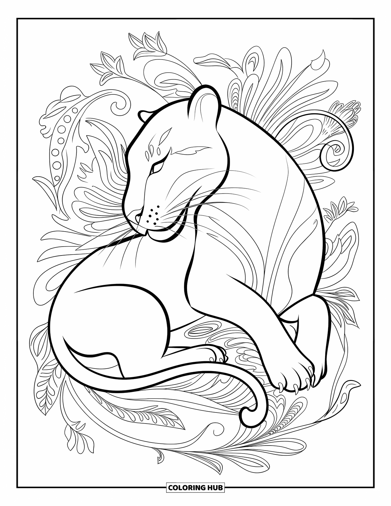 Panther Coloring Page for Adults: A panther rests peacefully, wrapped in swirling botanical mandala patterns