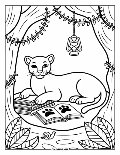 Panther-Ausmalbild für Erwachsene: Ein Panther ruht mit Büchern unter Lianen, begleitet von einer Schnecke und einem neugierigen Vogel