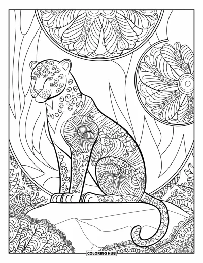 Panther-Ausmalbild für Erwachsene: Ein Panther sitzt auf einem Felsen, eingehüllt in detaillierte Blätter und Wald-Mandala-Muster