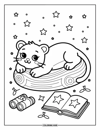 Panther-Ausmalbild für Erwachsene: Ein Panther beobachtet die Sterne auf einem Baumstamm mit Buch, Kissen und leuchtenden Glühwürmchen
