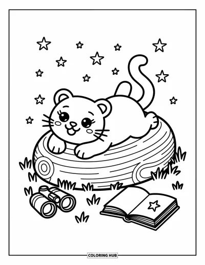 Panther-Ausmalbild für Erwachsene: Ein Panther beobachtet die Sterne mit einem Fernglas, einem Buch und sanft leuchtenden Glühwürmchen