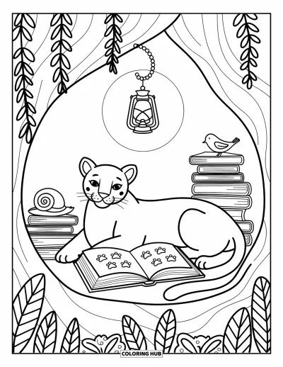 Panther-Ausmalbild für Erwachsene: Ein friedvoller Panther liest neben einer Laterne, umgeben von kleinen Tieren und Büchern