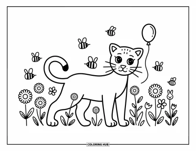 Panther-Ausmalbild für Erwachsene: Ein stolzer Panther steht auf einem Blumenfeld mit einem Luftballon am Schwanz