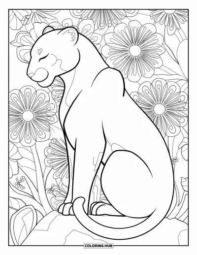 Panther-Ausmalbild für Erwachsene: Ein ruhiger Panther sitzt auf einem Felsen inmitten blühender Mandala-Blumen
