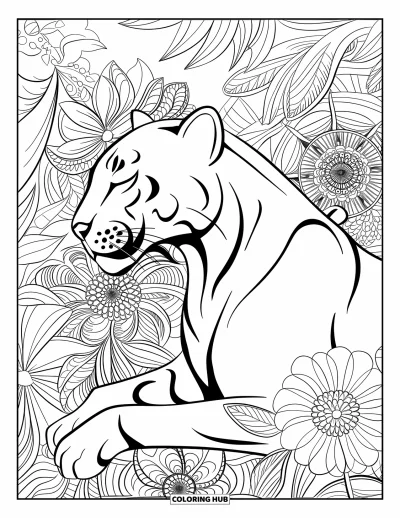 Panther-Ausmalbild für Erwachsene: Ein Pantherprofil in stiller Ruhe, gerahmt von blühenden Dschungel-Mandala-Blumen