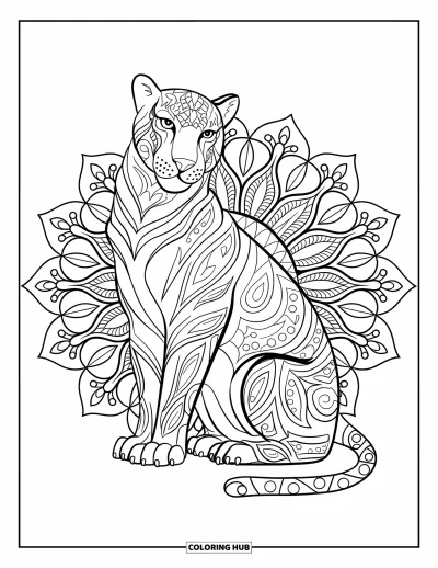 Panther-Ausmalbild für Erwachsene: Ein sitzender Panther ist das Zentrum eines Blumen-Mandalas mit kunstvollen Dschungeldetails
