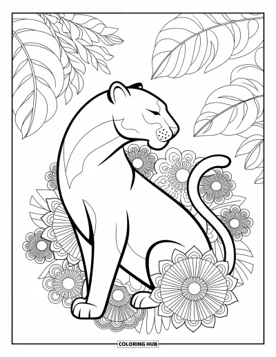 Panther-Ausmalbild für Erwachsene: Ein sitzender Panther ruht in einem Kreis aus Dschungelblumen und Mandala-Details